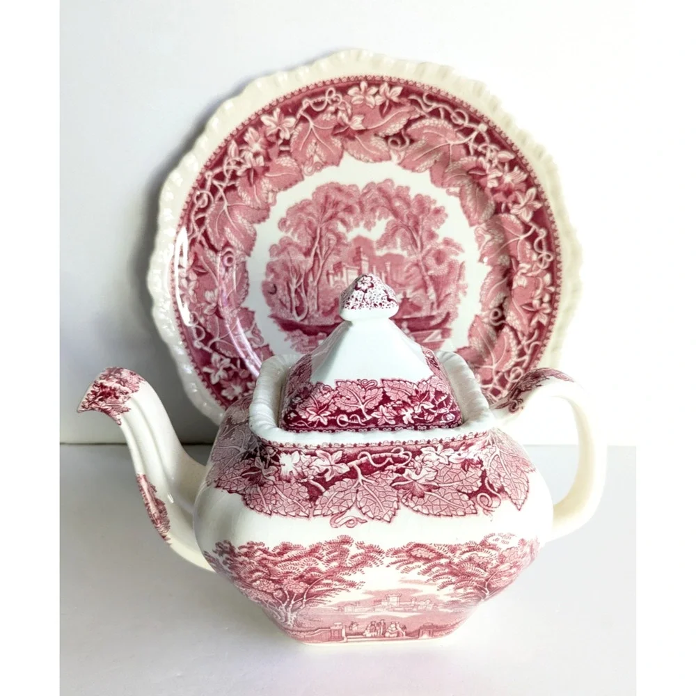 Mason's Vista Pink Red Transfer Teapot & Lid England Vintage $250.00